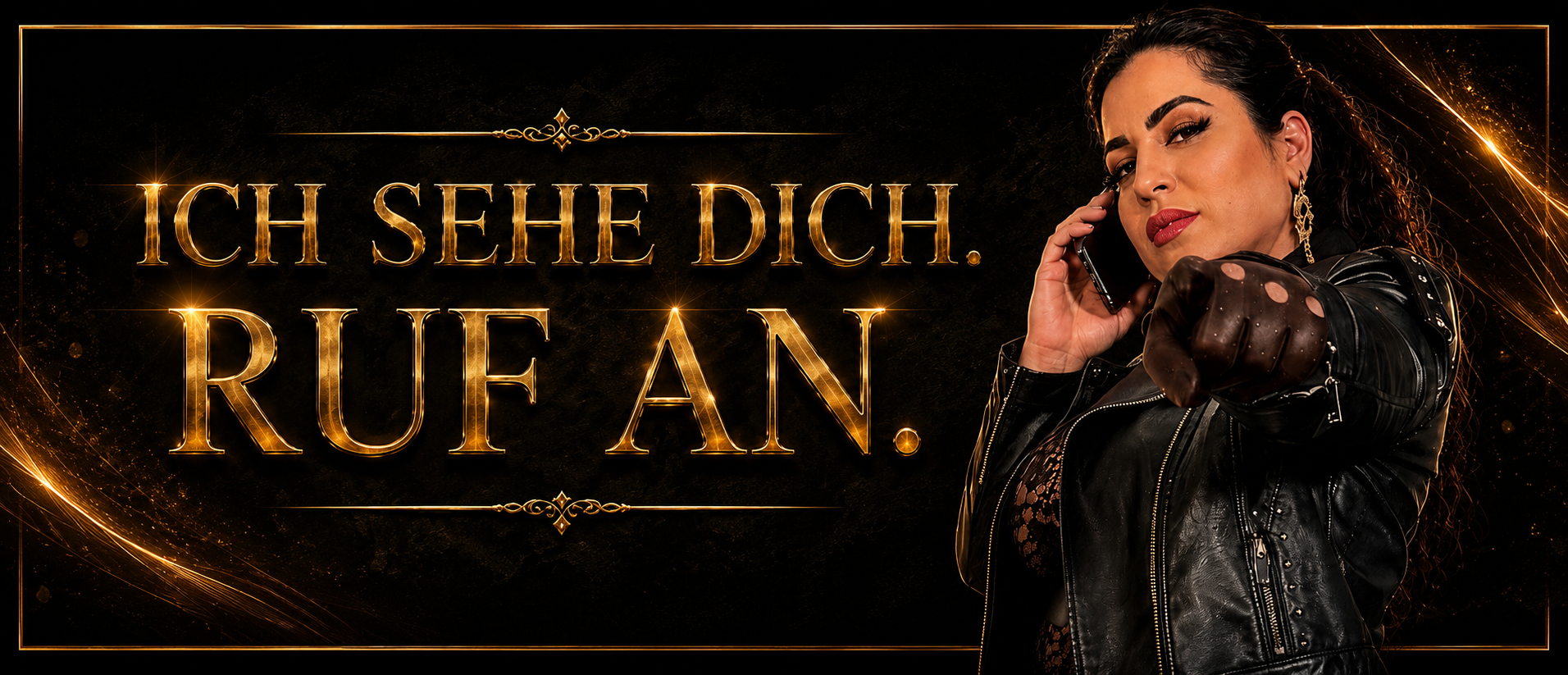 Dominante Frau im schwarzen Leder zeigt auf dich und telefoniert  ruf Lady Ayse sofort an Hotline